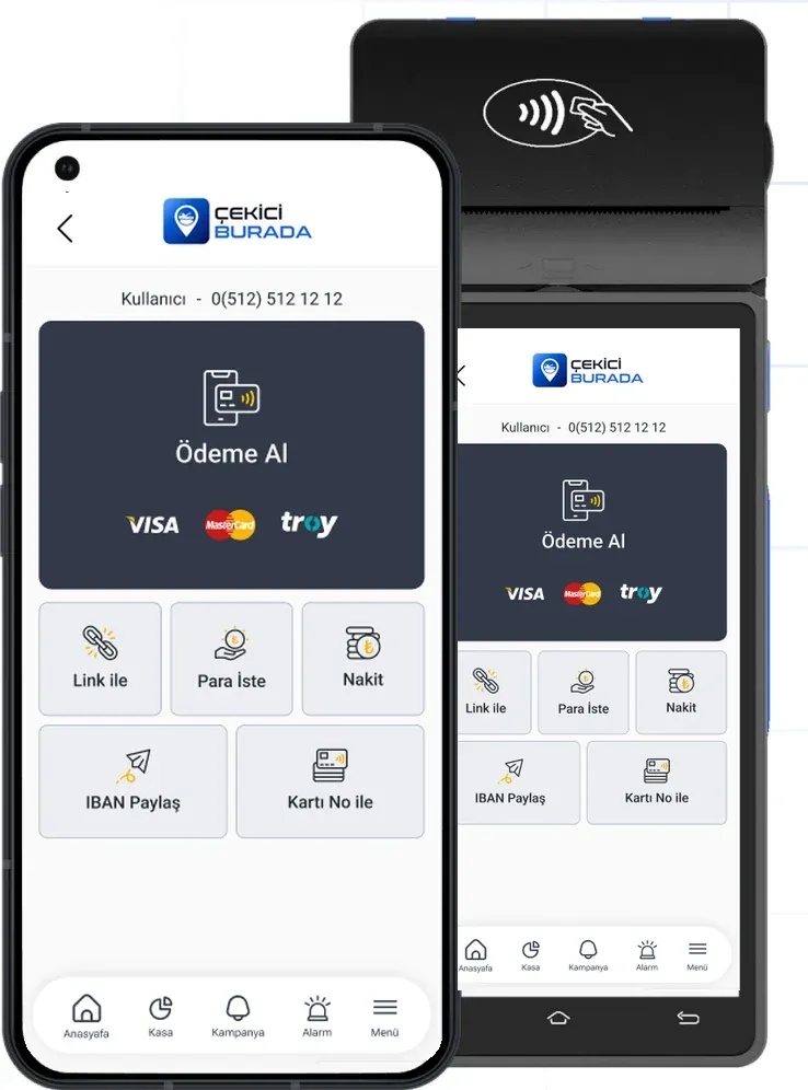 Çekici uygulaması ekranı ve POS cihazı