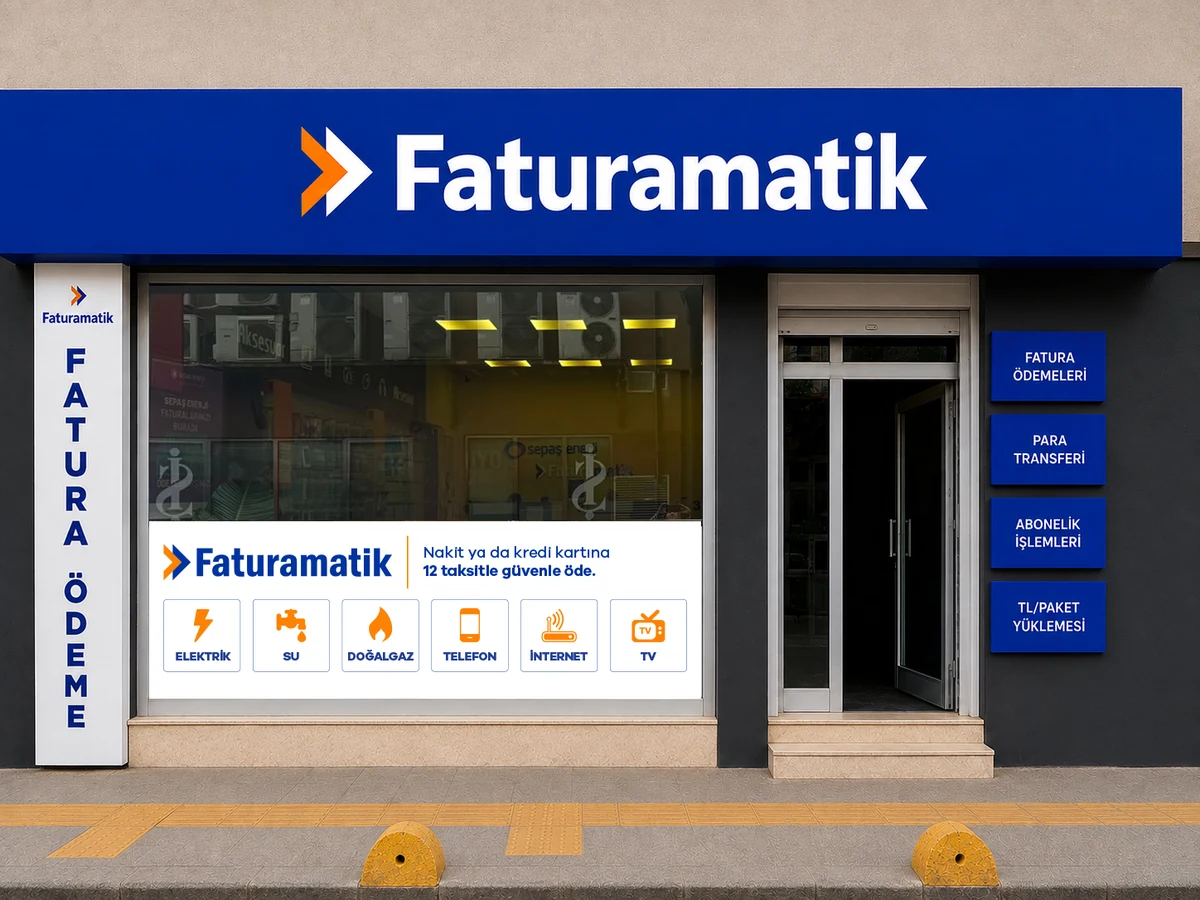 Faturamatik mağaza dış cephe konsepti: üst tabela, dikey totem, hizmet panoları ve cam kuşağı